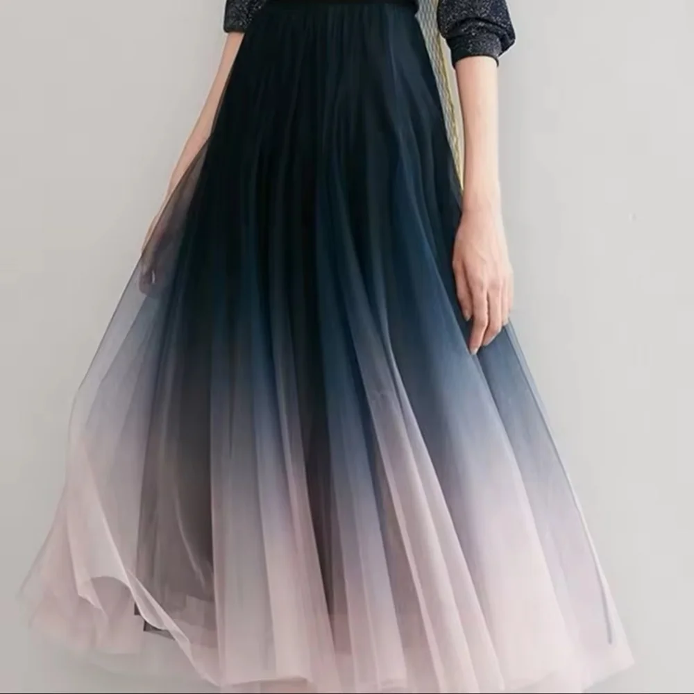 Elegant Ombre Black, Blue and Pale Pink Tulle Skirt - Picture 3 of 10